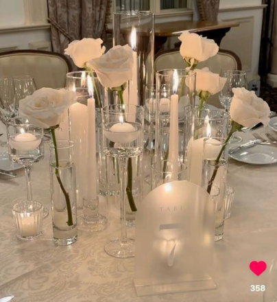 Mix of Candles and Flowers in Bud Vases for round Table