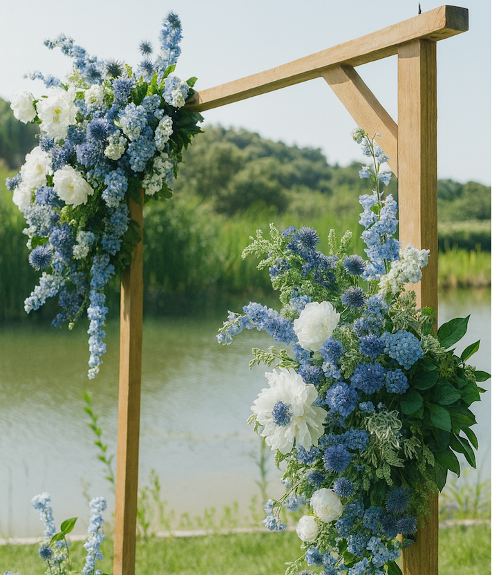 Wood Wedding Arch with Two Large floral arrangements or points of flowers (add ivory draping)