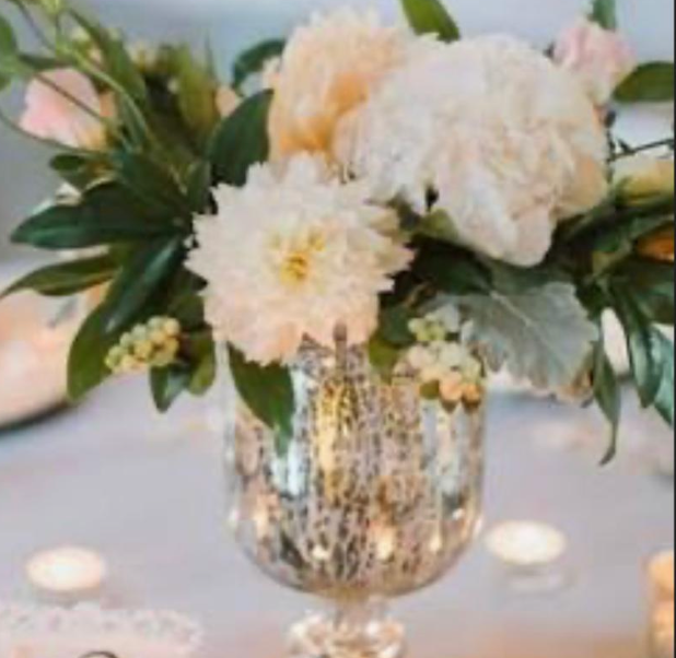 Mini Gold cup & White, Purple, Blue & Greenery Natural flowers - Cocktail table Centerpiece