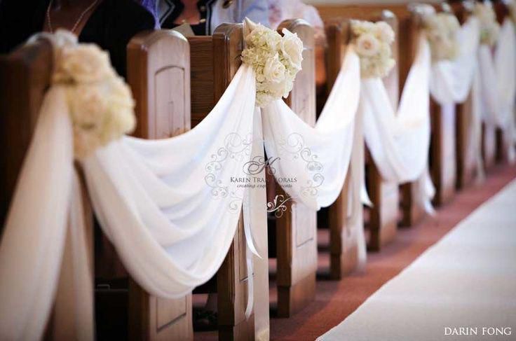 Decoration Of The Church Aisle Pews Includes Elegant Fabric Draping And Decorative Ribbons, With No Flower