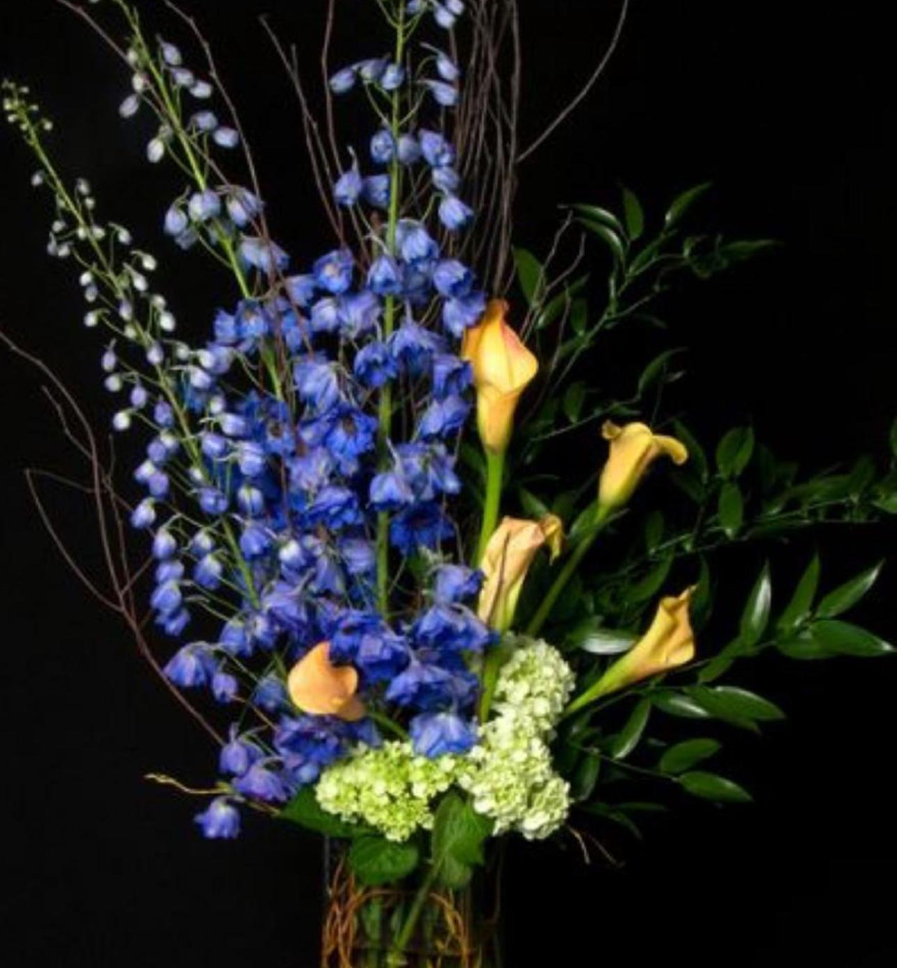 Bar Floral Arrangement (Dark blue, green, touch of yellow and purple)
