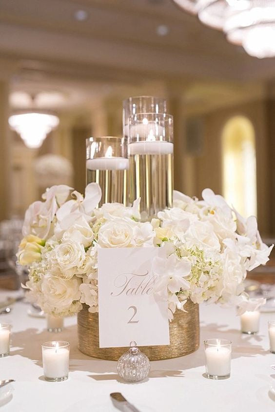 Low White Wedding Centerpiece (Gold Vase)