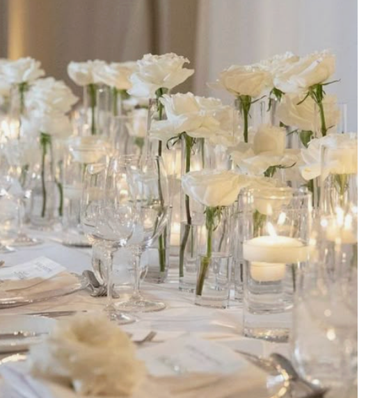 Deluxe Mix of Candles & Flowers in Bud Vases (for Round Table)