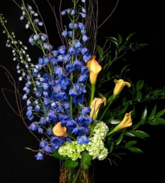 Reception Floral Arrangement (Dark blue, green, touch of yellow and purple)
