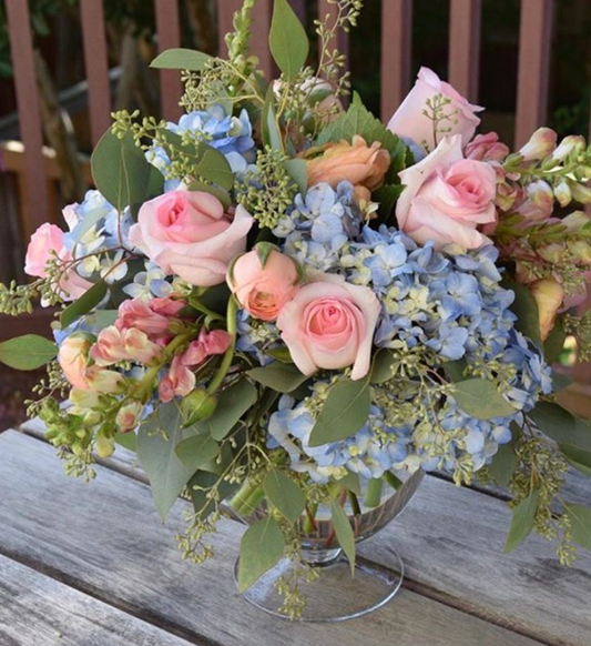 Gold Compote with purple, blue, white Flowers and Greenery (Round Table)