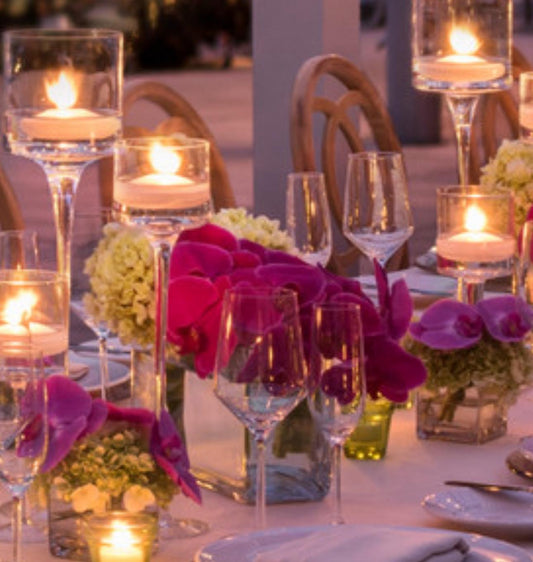 Pink Orchids & Seasonal Green Flowers With Vases For Two Tables For 40 Guests